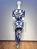 High neckline and detailed embroidery white and blue
