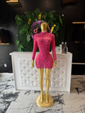 Pink rhinestone short dress long sleeve