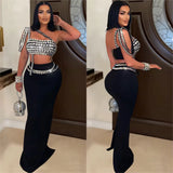 2 piece one shoulder rhinestone black skirt summer outfit