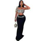 2 piece one shoulder rhinestone black skirt summer outfit