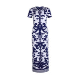 High neckline and detailed embroidery white and blue