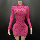 Pink rhinestone short dress long sleeve