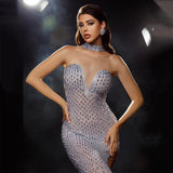 High neck sleeveless rhinestones dresses