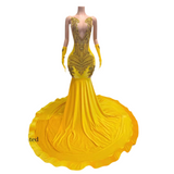 Yellow mustard rhinestone prom dress 2025